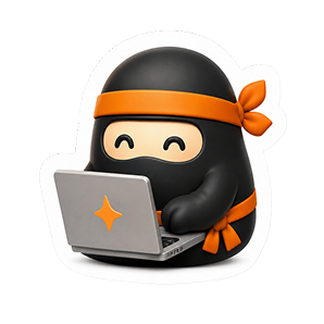 Humanio ninja mascot working on a laptop