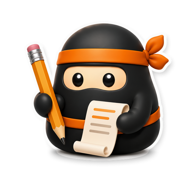 Scribe ninja mascot holding a pencil and a draft