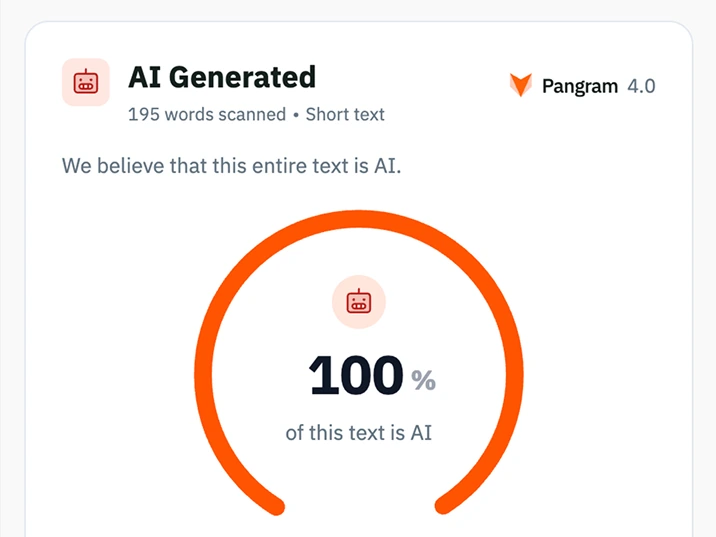 Pangram result for a raw AI draft: 100% AI Generated